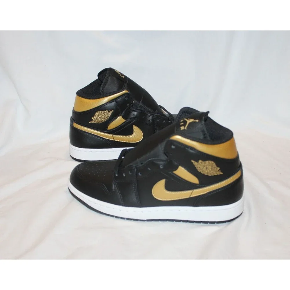 Air Jordan 1 Mid Black Metallic Gold Men's Athletic Shoes Sneakers NEW SZ 8